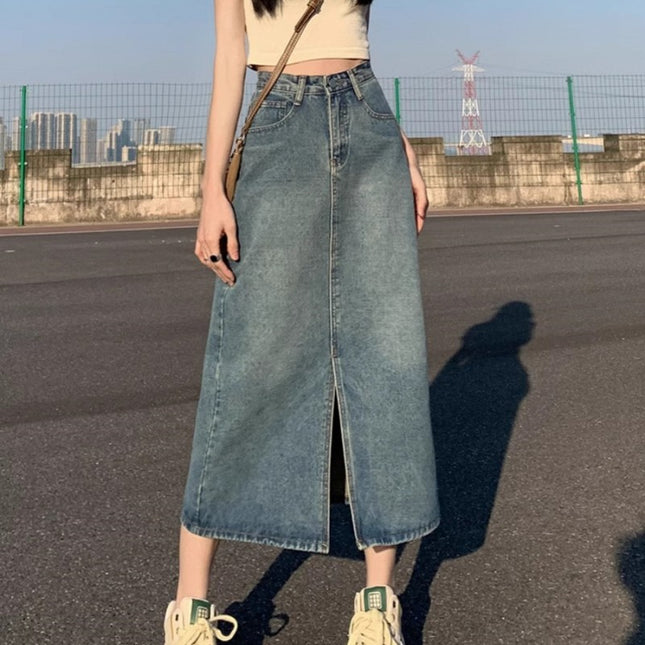 Short Hipped Denim Skirt Women's Trendy All-match Retro High Waist Slimming Split A- Line Mid-length Skirt