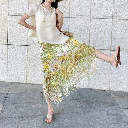 Miyake's Irregular Sleeveless Top Two-Piece Set with Pleated Print, Stylish and Fashionable Suit for Women, Holiday Style Two-Piece Set