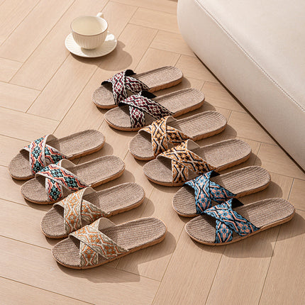 Open Open Toe Cross Linen Four Seasons Men and Women Couple Home Floor Slippers Linen Summer Sandals