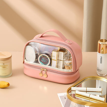 New Transparent Cosmetic Toiletry Bag Satchel Pu Bath Bag Waterproof Large Capacity Cosmetics Bag Pvc Splicing Cosmetic Bag