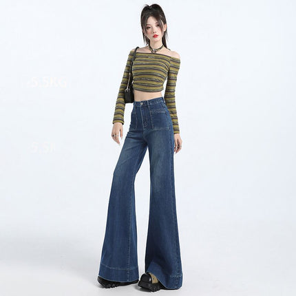 Vintage Mop Wide Leg Jeans Women's 2024 New Autumn Small High Waist Loose Dagging Big Leg Pants
