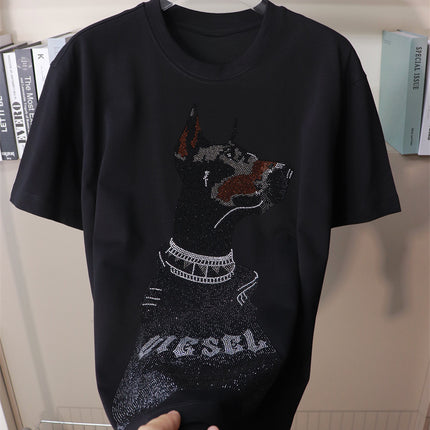 American Heavy Rhinestone Doberman Black Diamond Dog Short-sleeved T-shirt Plus Large Size Chubby Guy Personality Niche Design