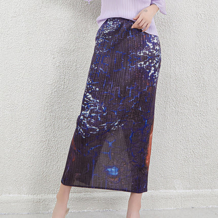 Miyake Summer High-Waisted Green Printed Long Skirt New Fashion High-Waisted Slimming Look Slit Half-Length Hip-Hugging Straight Skirt