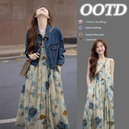 Spring 2025 new salt light cooked wind fashion age-reducing ink painting dress with Denim short coat two-piece set