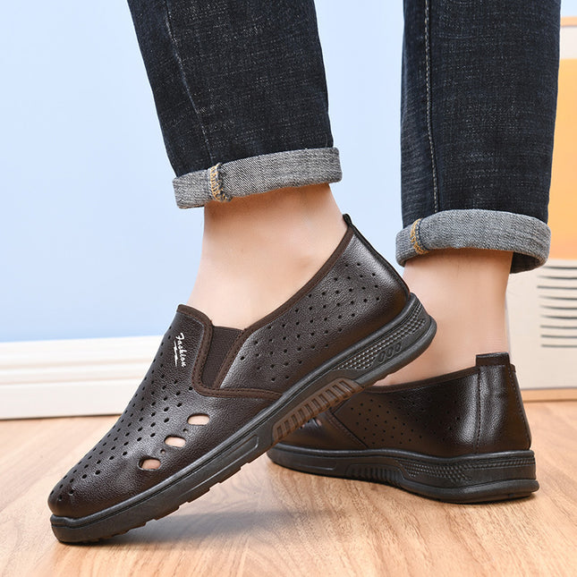 Summer Men's Sandals, Breathable Hollow Casual Leather Shoes, Soft Soles, Non-Slip Soft Leather, Lightweight Work Shoes, Clogs