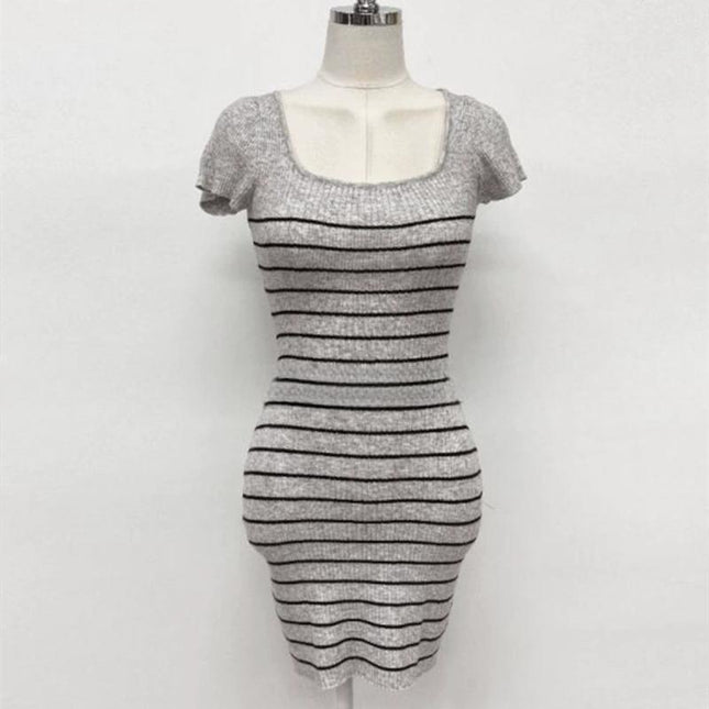 South Korea's Dongdaemun New Style Slim-Fitting U-Neck Figure-Flattering Stripesd Short-Sleeved Hip-Covering Bottoming Knitted Dress
