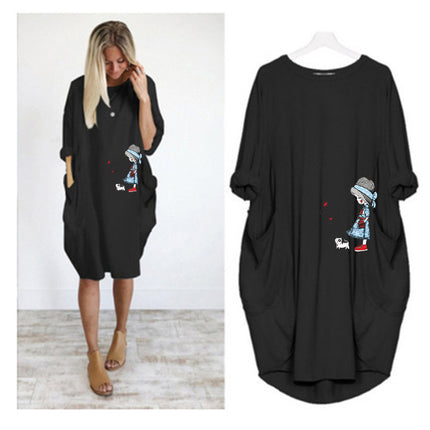 Factory direct sale wish AliExpress foreign trade women's casual loose pocket long sleeve plus size fat sister dress