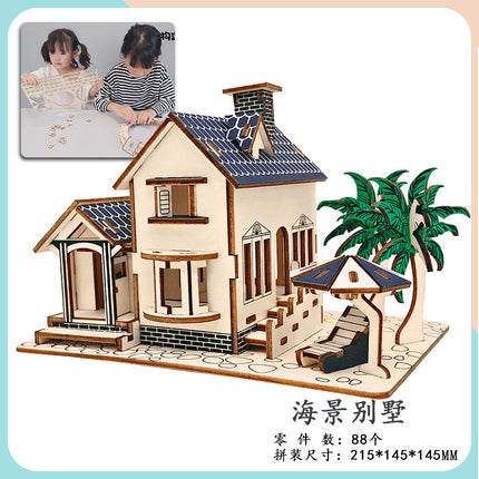 Wooden 3d 3d puzzle assembled building model youth diy style cottage educational toy small Western House