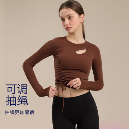 Pleated Drawstring Belt Chest Mat Yoga Suit Women's Hollow Breathable Fitness Outer Wear Sports Top Pilates Slimming Long Sleeve