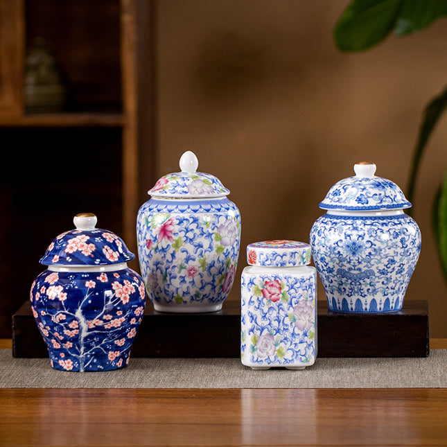 Chinese Style Vintage Blue and white Ceramic Tea Cans Household Enamel Color Sealed General Cans Storage Bulk Tea Packaging Box Wholesale