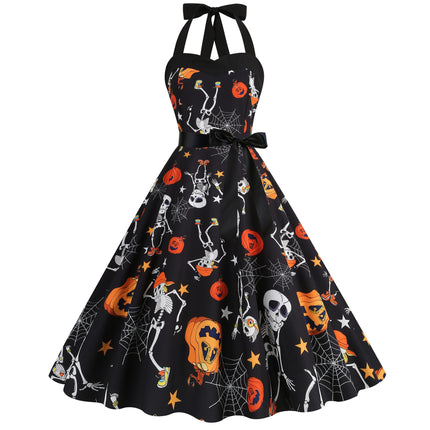 Factory direct supply 2024 Halloween new Hepburn style high waist slim hanging neck large swing long retro dress