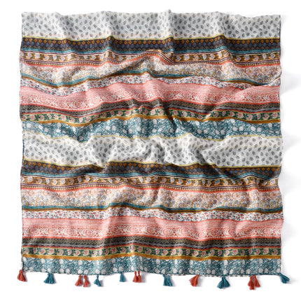 Ethnic Style Striped Floral Bali Gauze Long Scarf Versatile Fashion Travel Vacation Scarf Spring and Summer Sun Protection Beach Towel