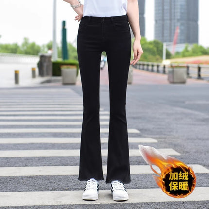 Black Flared Jeans for Women, Autumn and Winter Trendy Versatile New Style, Fleece-Lined, High-Waisted, Slim-Fit, Frayed Hem Bell-Bottom Pants