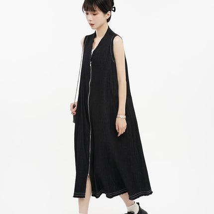 Summer Japanese Style Retro Design Sense Casual V-neck Zipper Edge Hem Collar Sleeveless Vest Denim dress