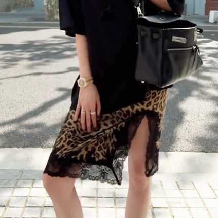French-Style Light Mature Design with a Niche Vibe, Women's Spring and Autumn Lace Patchwork Thin Leopard Print Midi Skirt