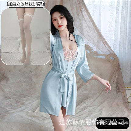 Suqing New Spring and Summer Comfortable Pajamas Backless Sweet Embroidered Lace Sling Nightgown Women's Cardigan Home Clothes suit