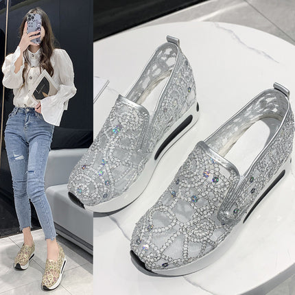 Mesh Breathable Casual Shoes Women's Summer New Inner Height Increasing Student Shoes Korean Style Slip-on Lazy Mesh Platform Shoes