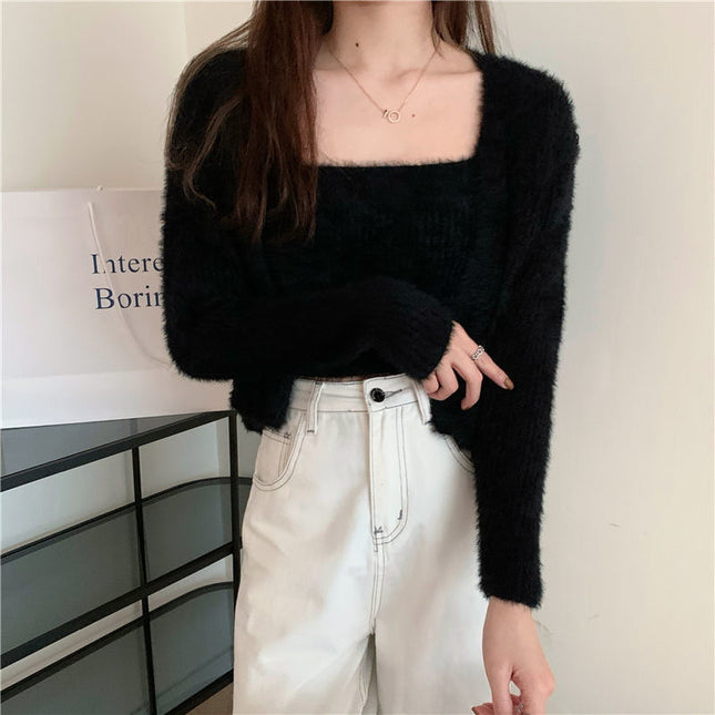 South Korea's Dongdaemun Soft Waxy Knitted Cardigan Two-Piece Set for Women Spring and Autum Plush Short Camisole Suit