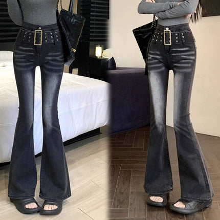 Vintage Gradient Flared Jeans for Women, Autumn Design, American Style, High-Waisted, Stretchy, Slim-Fit, Floor-Length Pants