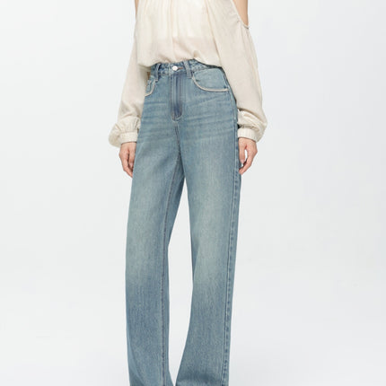 High-End 2026 Women's Jeans Spring Vintage Korean Style Simple Loose Drape High-Waisted Slimming Floor-Length Pants