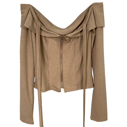 South Korea east gate new temperament neck shoulder ~ sexy figure zipper tight long sleeve T-shirt bh