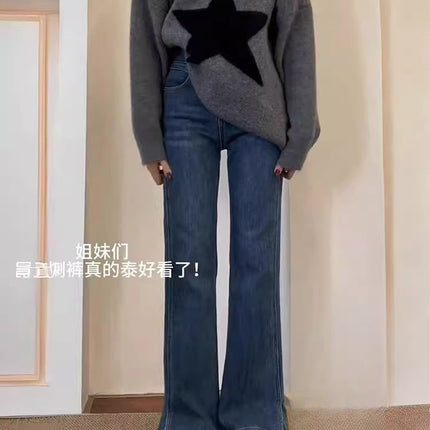 Blue Flared Jeans for Women 2025 Autumn Popular Plus Size Pear-Shaped Figure Slimming Non-Stick Wide-Leg Pants
