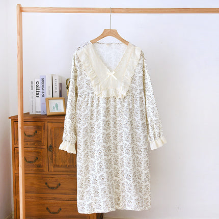 Lace V-neck Princess Style Pullover Long-sleeved Pure Cotton Pajamas Women's Spring and Summer Thin Crepe Cotton Floral Dress for Outer Wear