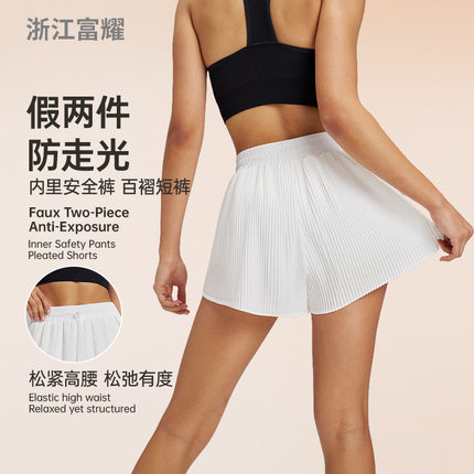 Sports Outdoor Fitness Yoga Two-Piece Pleated Skirt Pants with Lining Pockets Quick-Dry Three-Quarter Shorts Loose Shorts for Women