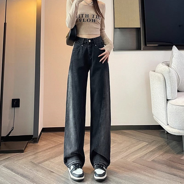 Black and White Gradient Design Sense Wide-leg Jeans Women's Trendy All-match Explosive High Waist Slimming Straight Long Pants