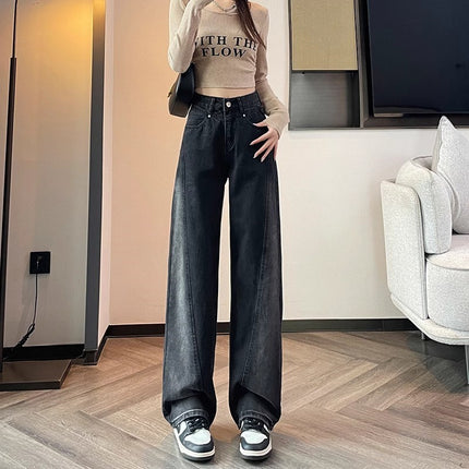 Black and White Gradient Design Sense Wide-leg Jeans Women's Trendy All-match Explosive High Waist Slimming Straight Long Pants