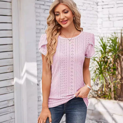Amazon Independent Station European and American Foreign Trade Cross-border Women's Summer Short-sleeved T-shirt Needle-eye Crewneck Petal Sleeve Top