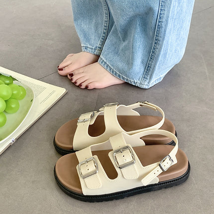 Double-strap Thick-soled Sandals and Slippers Women's New Flat-soled Shops with Square Buckle Korean Style Outer Wear All-match Roman Foreign Trade Beach Shoes