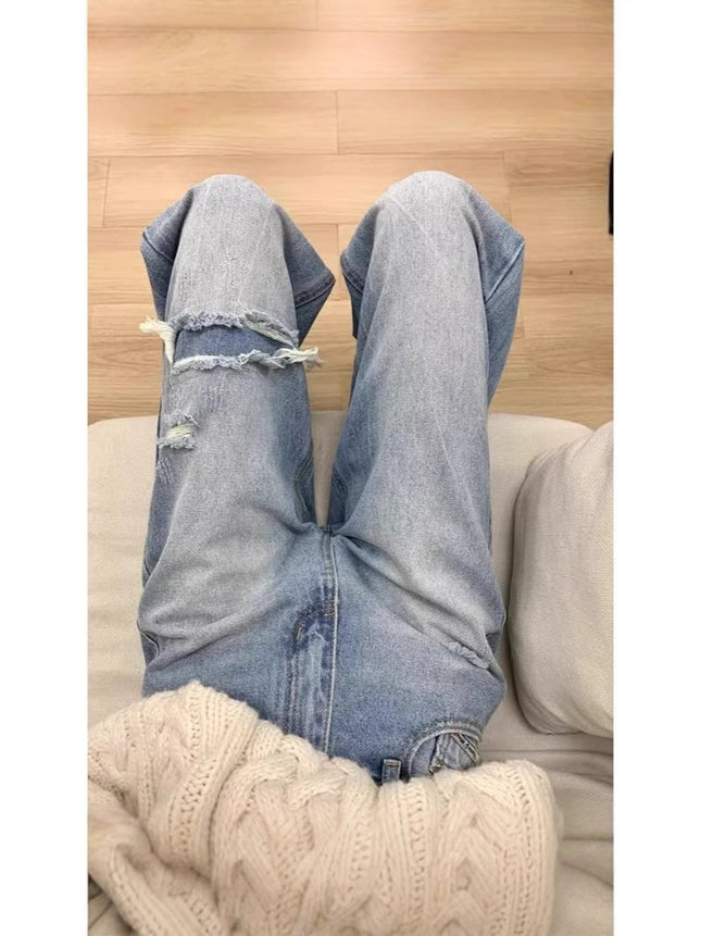 Cross-border Hot-selling American-style Ripped High Waist Wide Leg Jeans Women Spring and Summer New Straight Loose Slimming Mop Pants