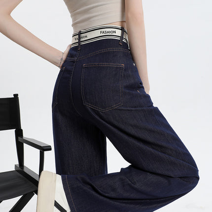 8827 dark blue Ice Silk Straight-Leg Jeans Women's Summer Thin Stitching Letter Waist Drape Wide Leg Trousers