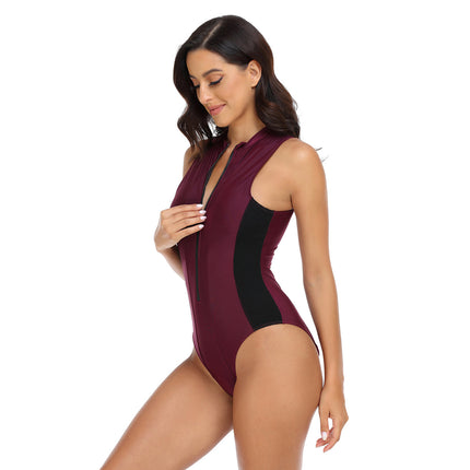 European and American Style One-Piece Swimsuit for Women, Tight-Fitting, Sleeveless, Slimming, Conservative, Zipper Style, Diving Suit, One-Piece, Color-Blocking