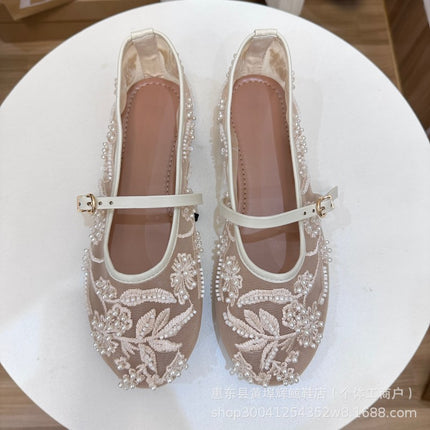 ZA new summer new fashion round toe flat shoes retro style mesh pearl embroidery mesh ballet shoes