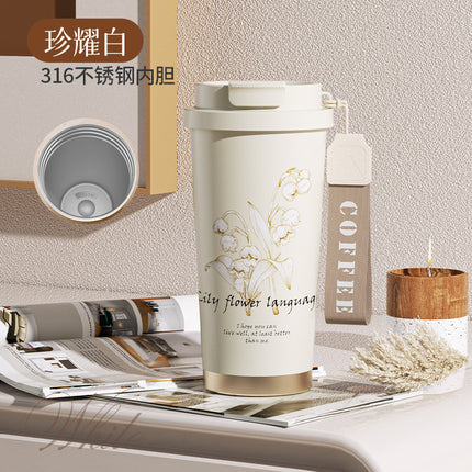 High Yan Value Lily Flower Coffee Thermos Cup Engraving to Send Teachers Accompanial Cup Business Gift with Gift Box Water Cup