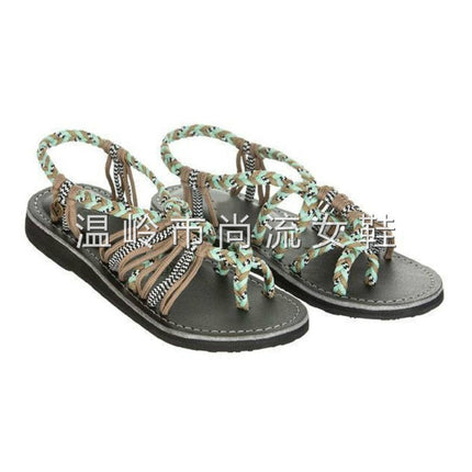 Wish Amazon 2025 Summer European and American Color Block Knot Beach Toe Foreign Trade Large Size Women's Sandals 43 Sizes