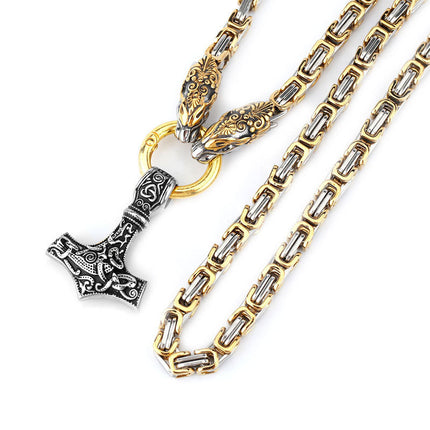 Cross-Border Popular Nordic Rune Hammer Pendant Necklace for Women, Stainless Steel Imperial Chain, Men's Wolf Head Necklace Wholesale