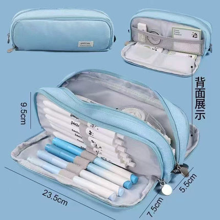 Cross-Border Color-Blocked Retractable Pencil Case, Large-Capacity Stationery Bag, Multifunctional Double-Zipper for Students, Simple and Convertible into Canvas