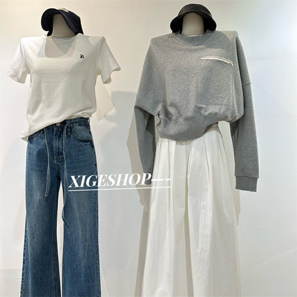 Gray ripped zipper pocket round neck sweater loose curved knife wide leg sports pants trousers casual fashion suit spring