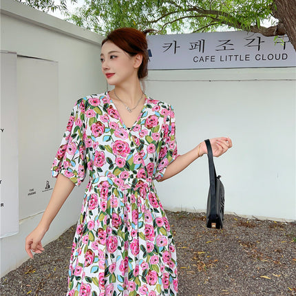 Cotton floral dress 2024 new thin waist pure wind Amazon artificial cotton beach dress fairy dress