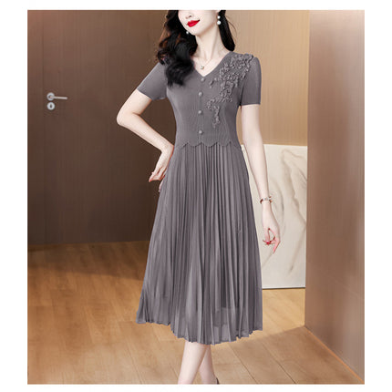 Miyake Pleated 2026 Spring New Fashion Versatile Three-Dimensional Floral Pleated Dress Plus Size Slimming V-Neck Magic Dress
