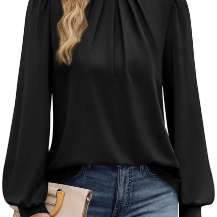 European and American Amazon Cross-Border Autumn and Winter New Long-Sleeved Shirt Small Stand-Up Collar Pleated Front Shirt Casual T-Shirt Top for Women