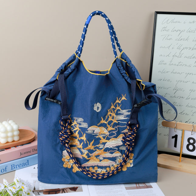 Cross-Border New Embroidered Shoulder Bag Large Capacity Bag Women's Environmentally Friendly Shopping Bag Embroidered Crossbody Bag Nylon Tote Bag