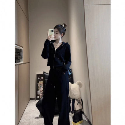 2024 autumn and winter fleece-lined sports leisure suit zipper hooded vests wide leg casual pants Joker slim casual