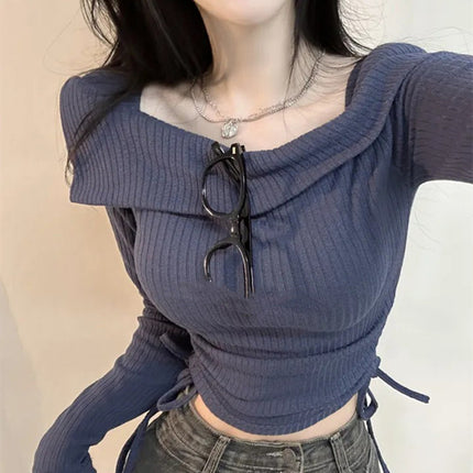 South Korea Dongdaemun Spring and Summer New Elegant One-character Collar Waist Pleated Short Figure Slim-fit Long-sleeved T-shirt for Women