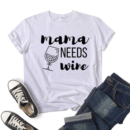 Wholesale Cross Border Mama Needs Wine Printed Short Sleeve T-Shirt Top Women Summer Loose