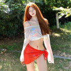 Bikini + white blouse + red skirt / S