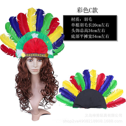 1Halloween Savage Cos Feather Headdress Indian Feather Headdress Red White Black Feather Indian Chief Cap